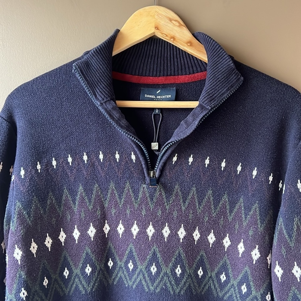 DANIEL HECHTER Navy & Purple Pullover 1/4 Zip Sweater Size Large